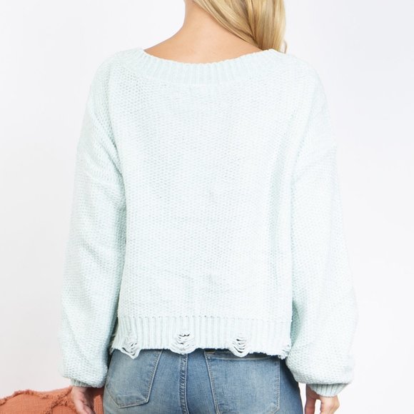 Miracle Women's Mint Green V neck Distressed Hem Knit Long Sleeve Crop Sweater - Picture 3 of 8